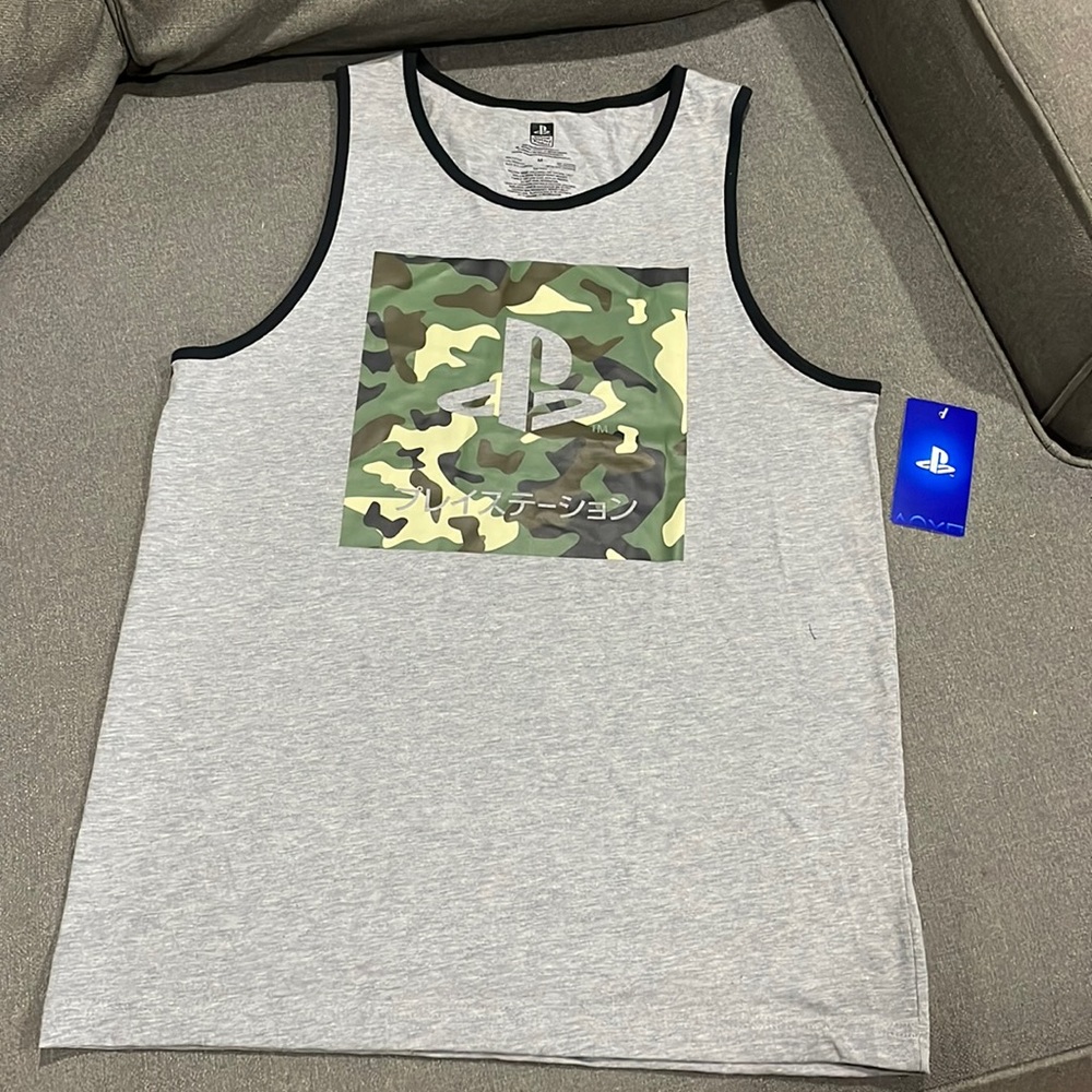 Play Station Gray with Camo PlayStation Logo in front Tank